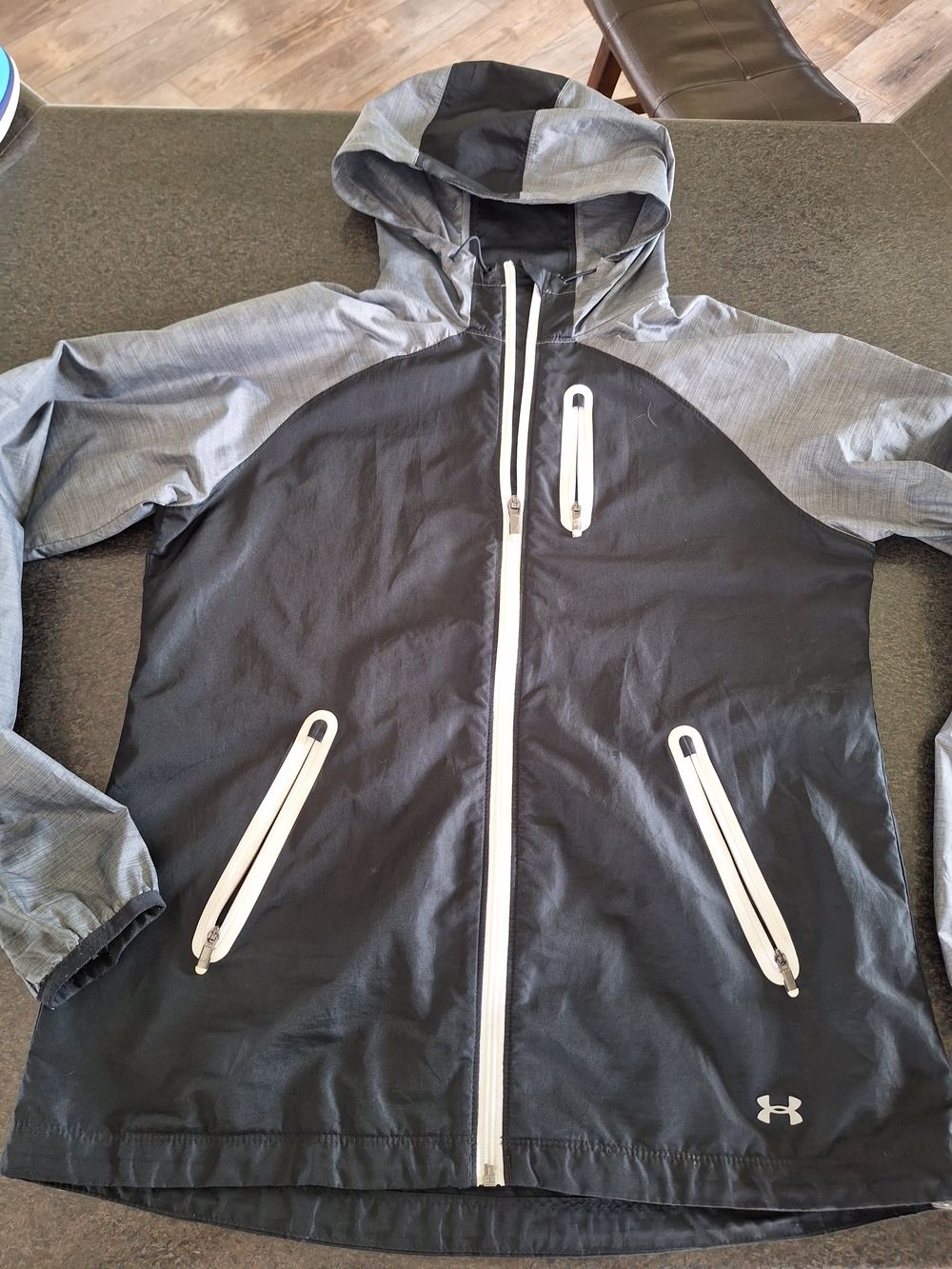 Under Armour Women’s Black and Gray Hooded Windbreaker with White Zippers
